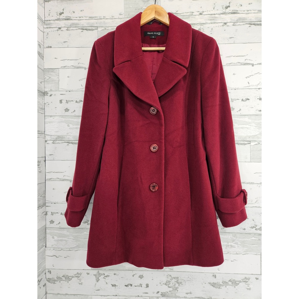 Anne Klein Burgundy Lambswool Cashmere Blend Pea Coat Women Size 12 Red Winter